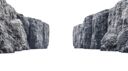 Towering stone cliffs stand on either side of a dark expanse, with jagged edges and intricate textures creating a striking effect on a transparent background, PNG image, PNG file.