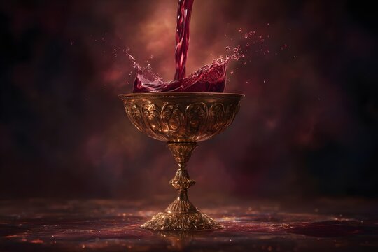 Rich red liquid pours into an ornate golden chalice amidst swirling dark colors and splashes in an artistic composition - Powered by Adobe