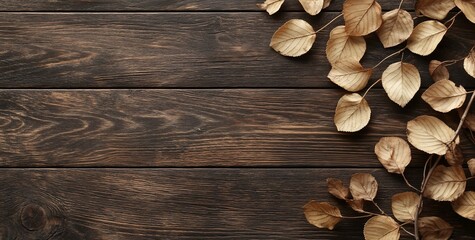 Dried leaves arranged on dark brown wooden surface, top view.