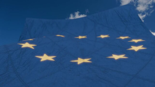 European union flag flutters in the wind on blue sky background 3D Render. EU Flag of Europe or European union national flag textile. Logo of Council of Europe. European Commission and Brussel