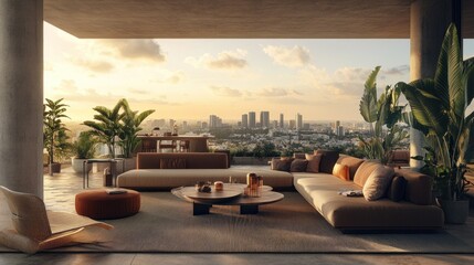 Obraz premium A modern outdoor living space with city skyline views at sunset