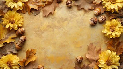 Autumnal frame with yellow flowers, acorns, and oak leaves on a beige background.