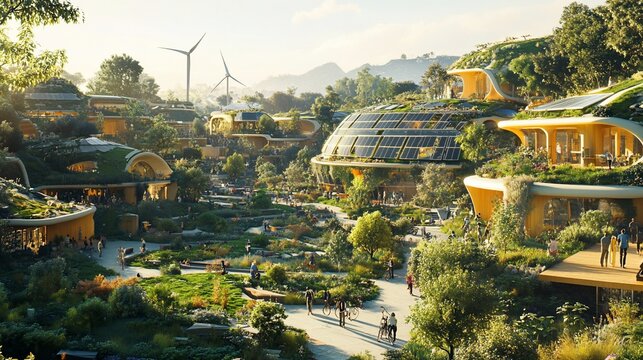 Sustainable futuristic city with green buildings, solar panels, wind turbines, and people enjoying outdoor spaces.