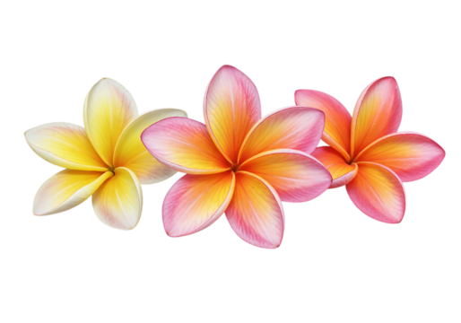 Three vibrant Plumeria flowers.