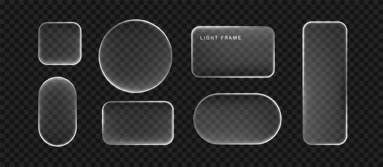 Neon glass futuristic transparent frames with glowing edges. Geometric figures with realistic translucent effect.