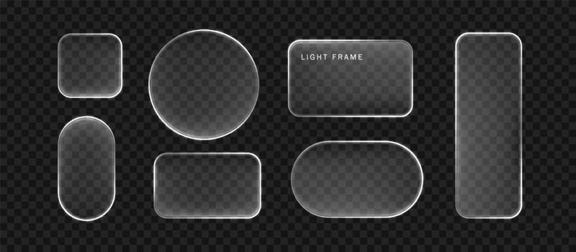 Neon glass futuristic transparent frames with glowing edges. Geometric figures with realistic translucent effect.