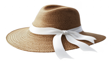 Woven straw sunhat with a white ribbon accent, ideal for summer vacation, offering shade and style on a transparent background, PNG image, PNG file.