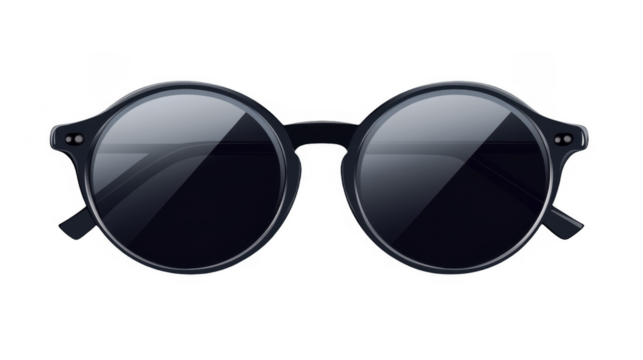 Round tinted spectacles with a dark frame offer sleek sun protection; eyewear for fashion, style, and vision care on a transparent background, PNG image, PNG file.