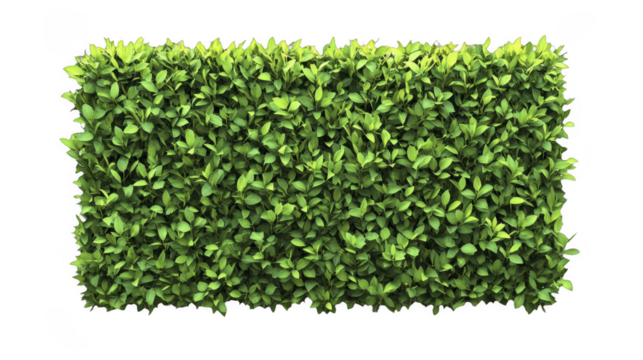 Dense rectangle shaped shrub hedge with vibrant green foliage, creating a natural divider, isolated on a transparent background, PNG image, PNG file.