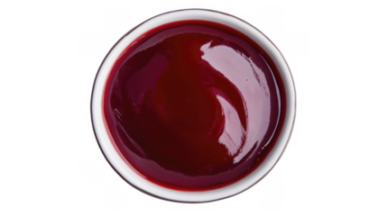 Overhead studio view of vibrant cranberry sauce in white bowl, rich texture and glossy surface creating visual interest, on a transparent background, PNG image, PNG file.