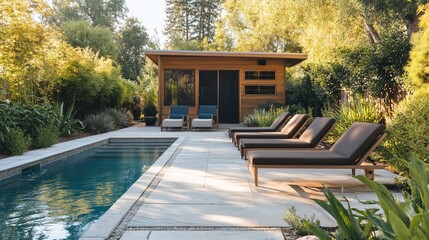 Obraz premium Modern backyard oasis with pool, lounge chairs, and wooden shed.