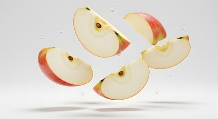 Apple wedges floating with visible peel texture and moisture, realistic drop shadows, soft daylight on white background

