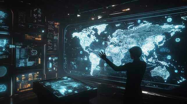 Person interacting with a holographic world map on a large screen in a futuristic control room.