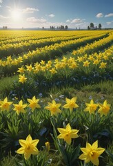 Obraz premium Sunny yellow daffodils carpet a verdant field under a bright blue sky , fresh, flowering plant, optimistic
