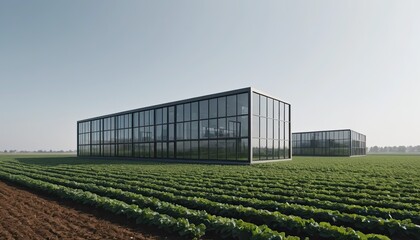 Modern Glass Building in a Green Field