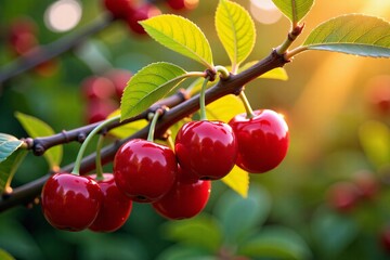 Obraz premium Sunkissed cherries hanging ripe on the branch