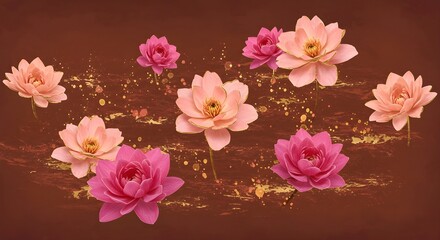 Fototapeta premium Pink and Peach Water Lilies on Brown Background