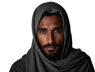 Portrait of a Man with a Calm and Serene Expression, Dressed in a Traditional Head Covering