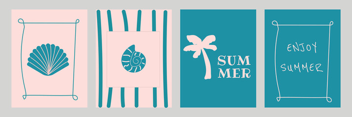 Summer poster set with seashell, palm. Vector illustration