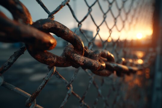 Heavy rusty chain link in close-up against a blurred sunset and a weathered metal chain-link fence texture in soft orange light. - Powered by Adobe