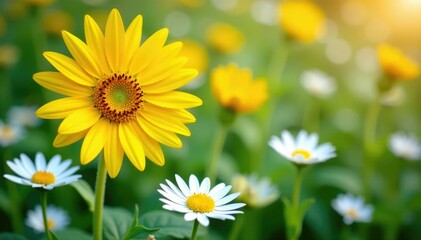 Obraz premium One bright yellow sunflower among white daisies, sunflower, white background