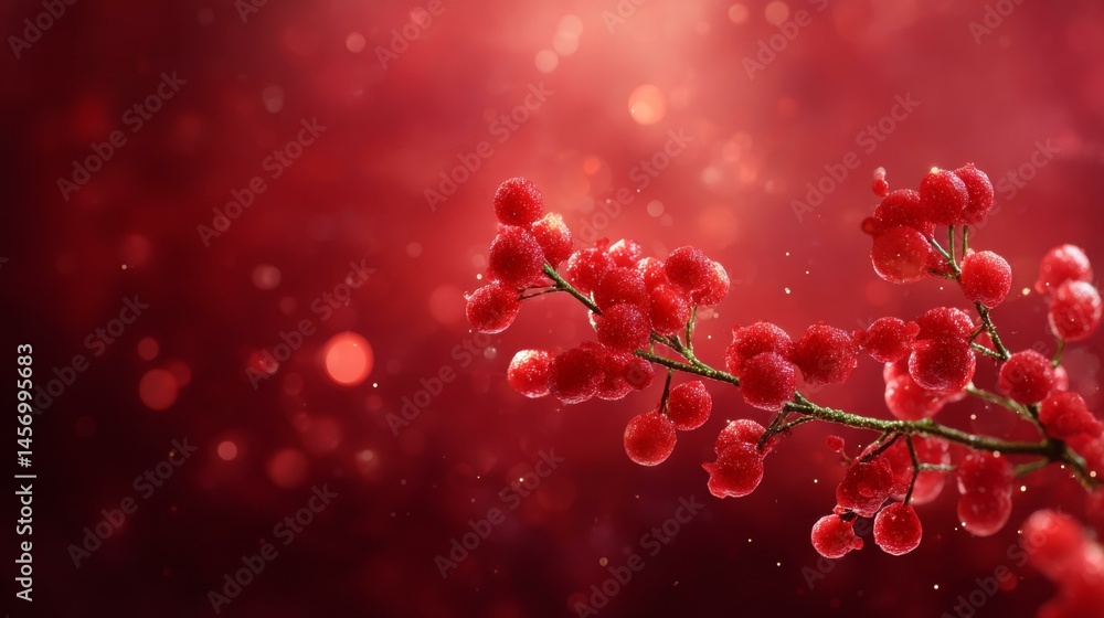 Poster red berries branch with bokeh background