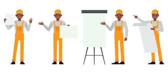 General maintenance and handyman service character vector illustration design set. Men holding blank paper and presentation.