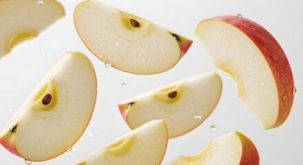 Apple wedges floating with visible peel texture and moisture, realistic drop shadows, soft daylight on white background

