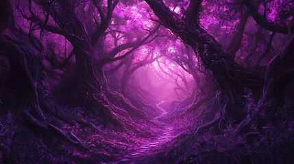 Enchanting purple forest path leading into a mystical light.