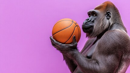Powerful gorilla holding a basketball against a vibrant purple background.