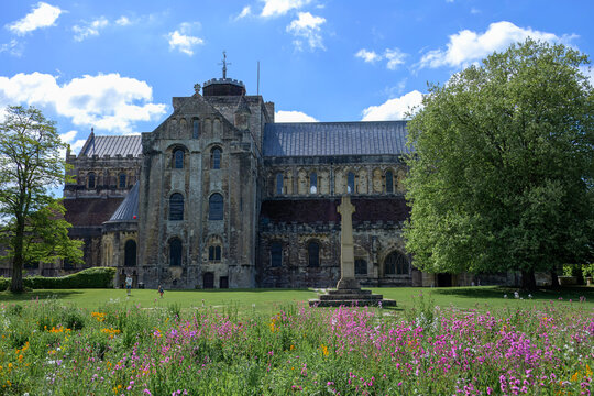 colourful wildflowers with Romsey Abbey Hampshire England in the background