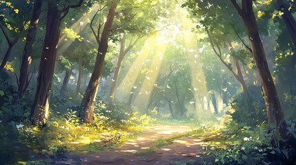 Sunbeams illuminate a path through a lush green forest.