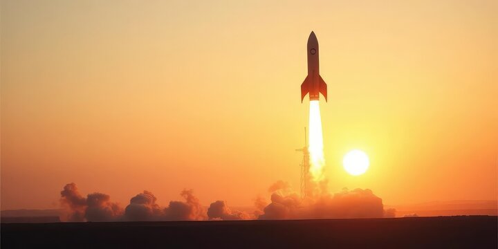 Sleek rocket ascending against a minimalist sunrise, fiery exhaust trail, simple, engine