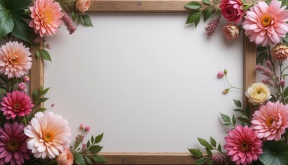 Wooden frame adorned with vibrant floral arrangement.