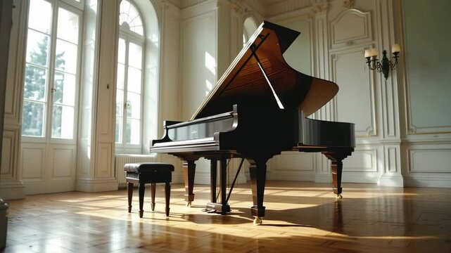 grand piano basking in light in an elegant room creating a timeless atmosphere for musical expression