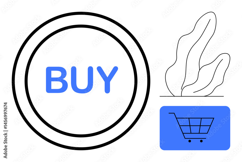 Poster bold circular buy button with shopping cart icon on blue background and abstract plant element. idea