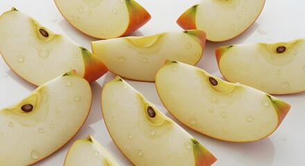 Apple wedges floating with visible peel texture and moisture, realistic drop shadows, soft daylight on white background


