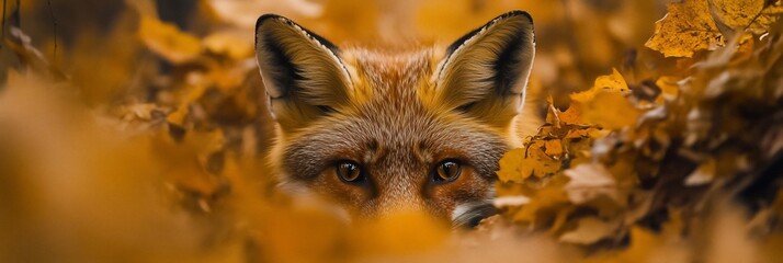 Obraz premium Red fox peering from autumn leaves.