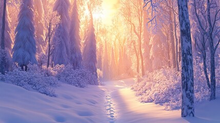 Sunlit path through snow-covered winter forest.