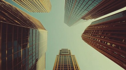 Looking directly up at the towering skyline of London's financial district, with sleek skyscrapers and bold architectural designs reaching into the clear sky.  