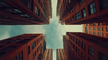 Looking straight up at London's financial hub, where cutting-edge skyscrapers and iconic designs form a dynamic urban tapestry.  