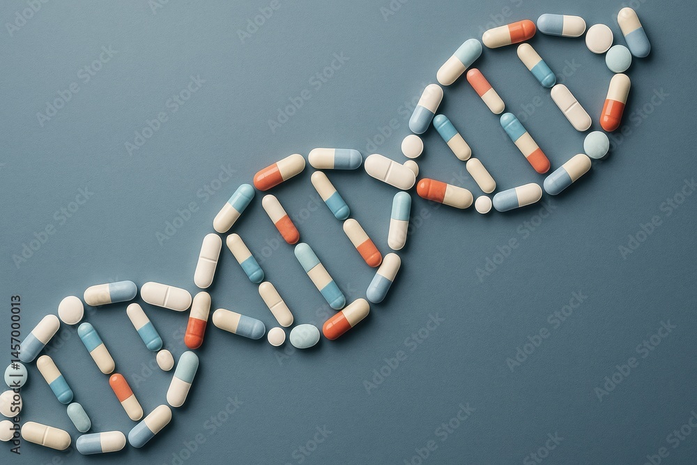 Poster Creative Representation of DNA Structure Using Colorful Pharmaceutical Pills on a Blue Background in a Scientific Setting Generative AI