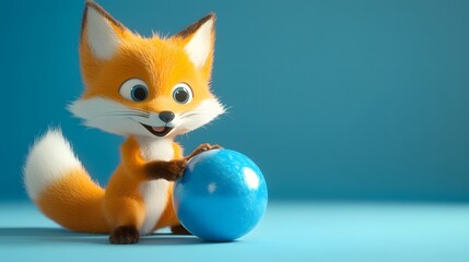 Fototapeta premium Playful fox character holding a blue sphere.