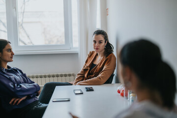 A group of three women are engaged in a discussion in a modern office space, with a casual yet...