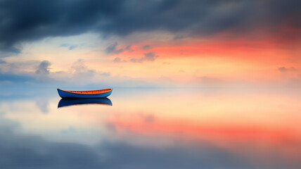 serene boat floats on calm lake, reflecting vibrant colors of sunset in sky. tranquil scene evokes peace and solitude