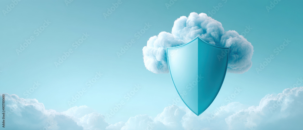 Poster cybersecurity concept with blue shield and cloud symbolizing secure cloud data protection and safety