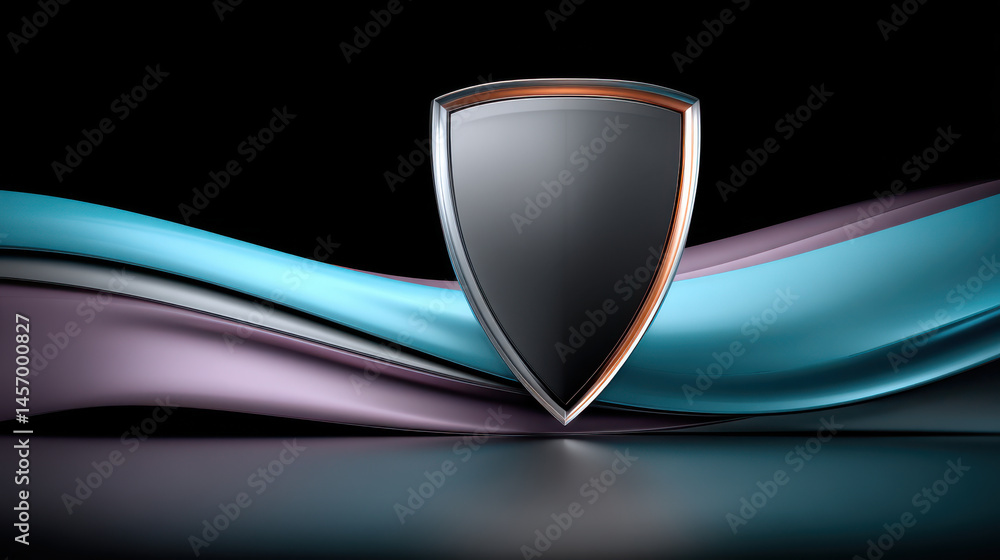 Poster cybersecurity shield with metallic surface stands in front of abstract blue and purple wave backgrou