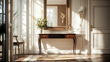 Sunlit elegant entryway with console table, flowers, mirror, and hardwood floor.
