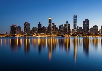 Obraz premium A stunning city skyline reflects on the calm waters at dusk, showcasing shimmering lights against a clear blue sky, capturing urban beauty and tranquility