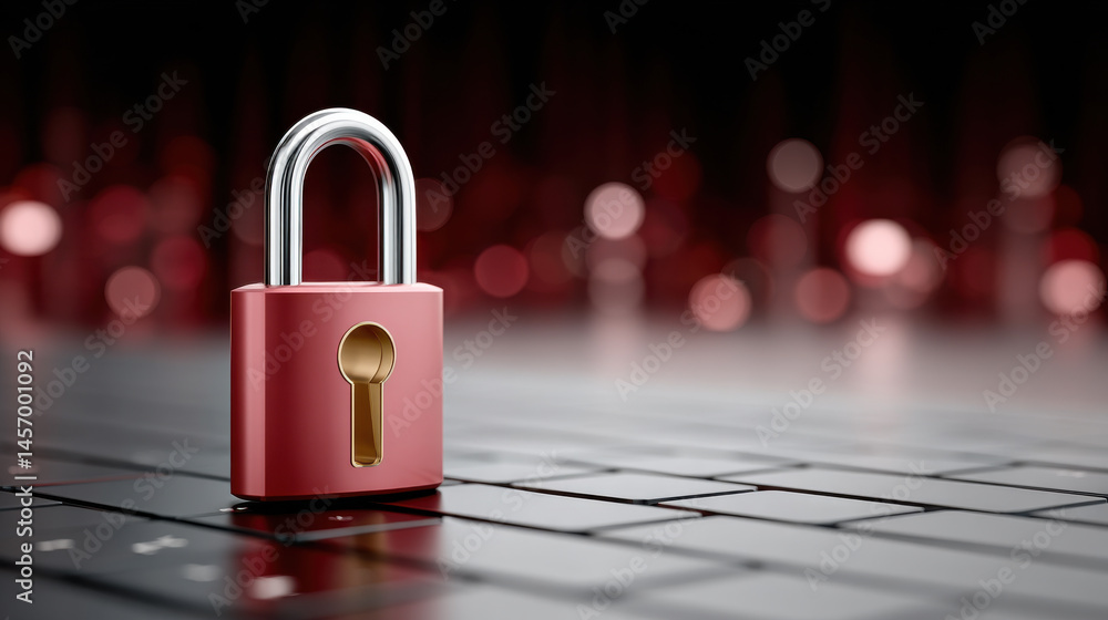 Poster cybersecurity concept with red padlock on keyboard symbolizes data protection privacy and secure tec